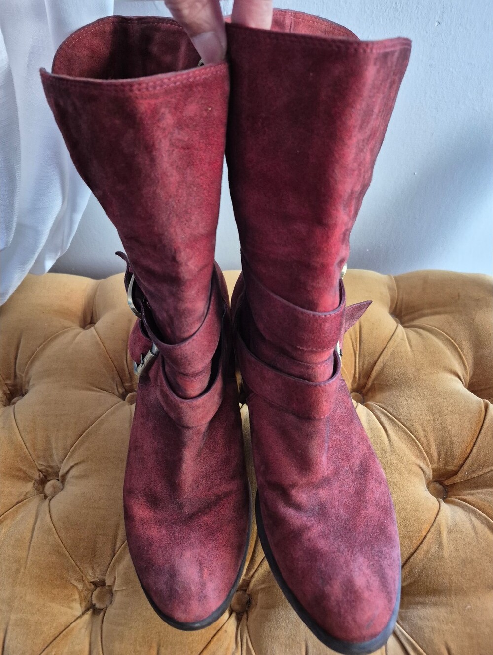 Donald Pliner Burgundy Suede Slouch Harness Moto Mid Calf Boots Vero Cuoio 6M